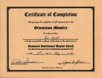 Certificate of Completion for the Orientation Ministry